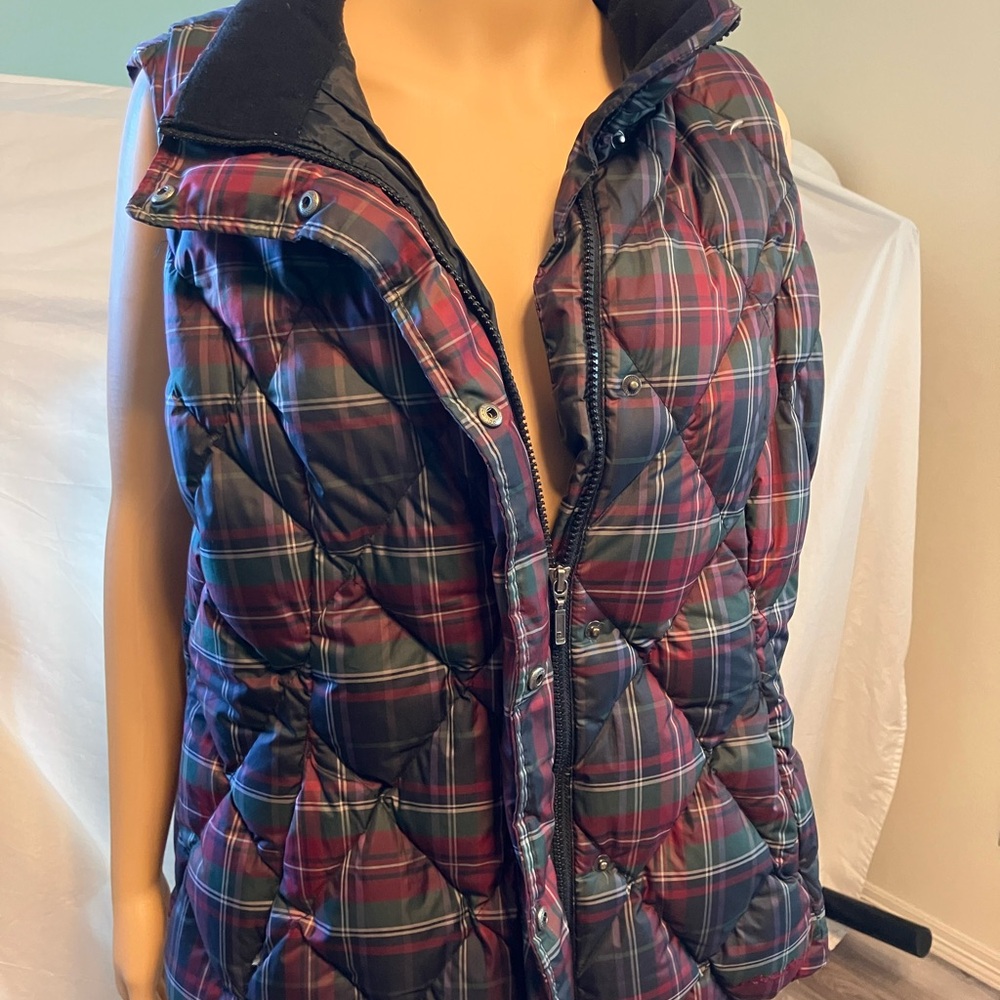 Eddie Bauer Red and Green Plaid Puffer Vest